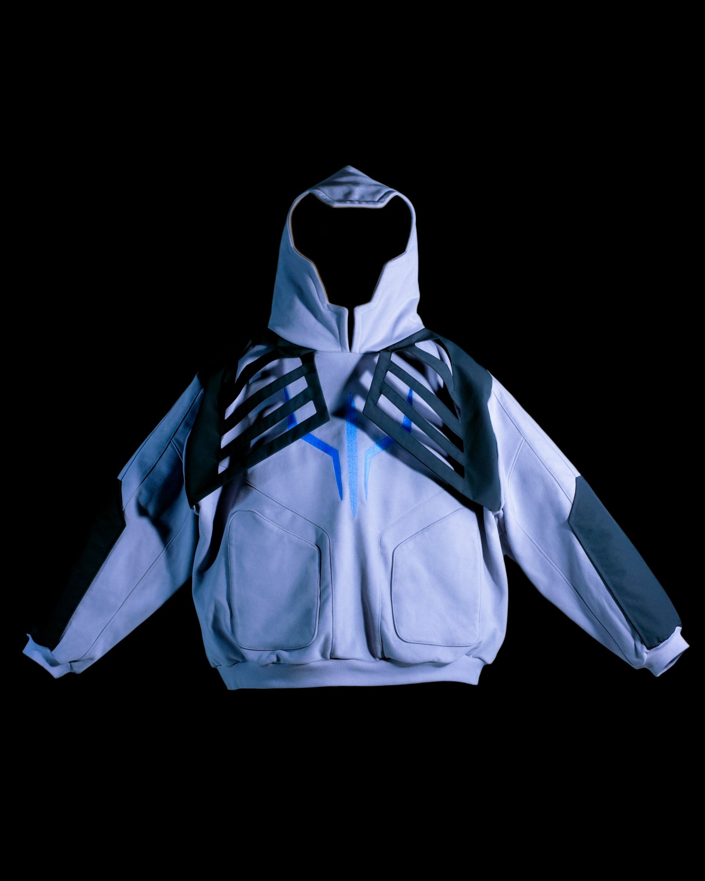 Grey hoodie with tech wear details, front view