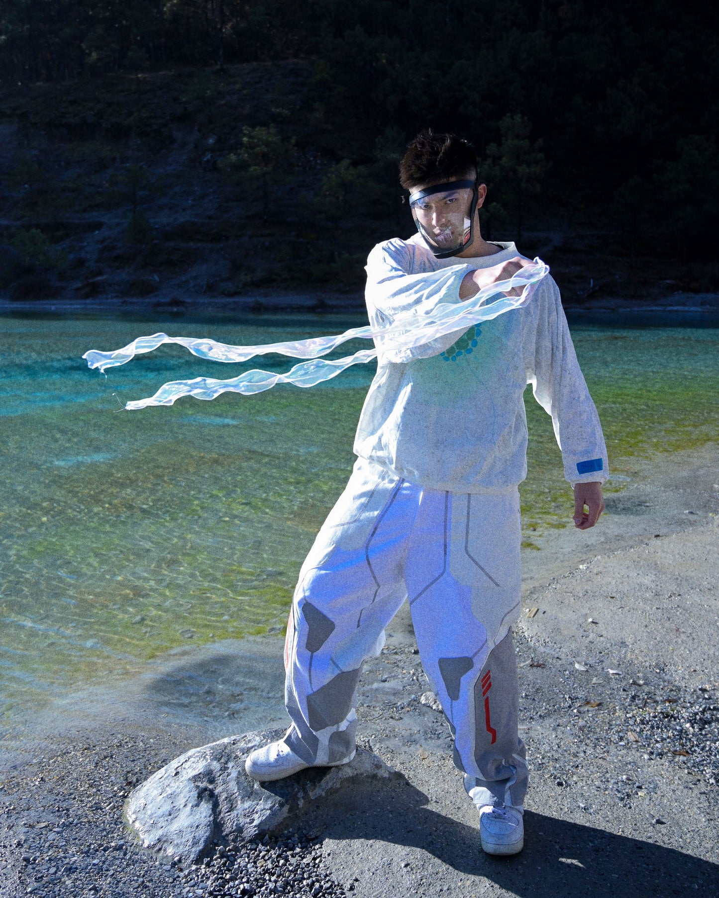 lucid coral aqua sci-fi clothing hoodie, front model view