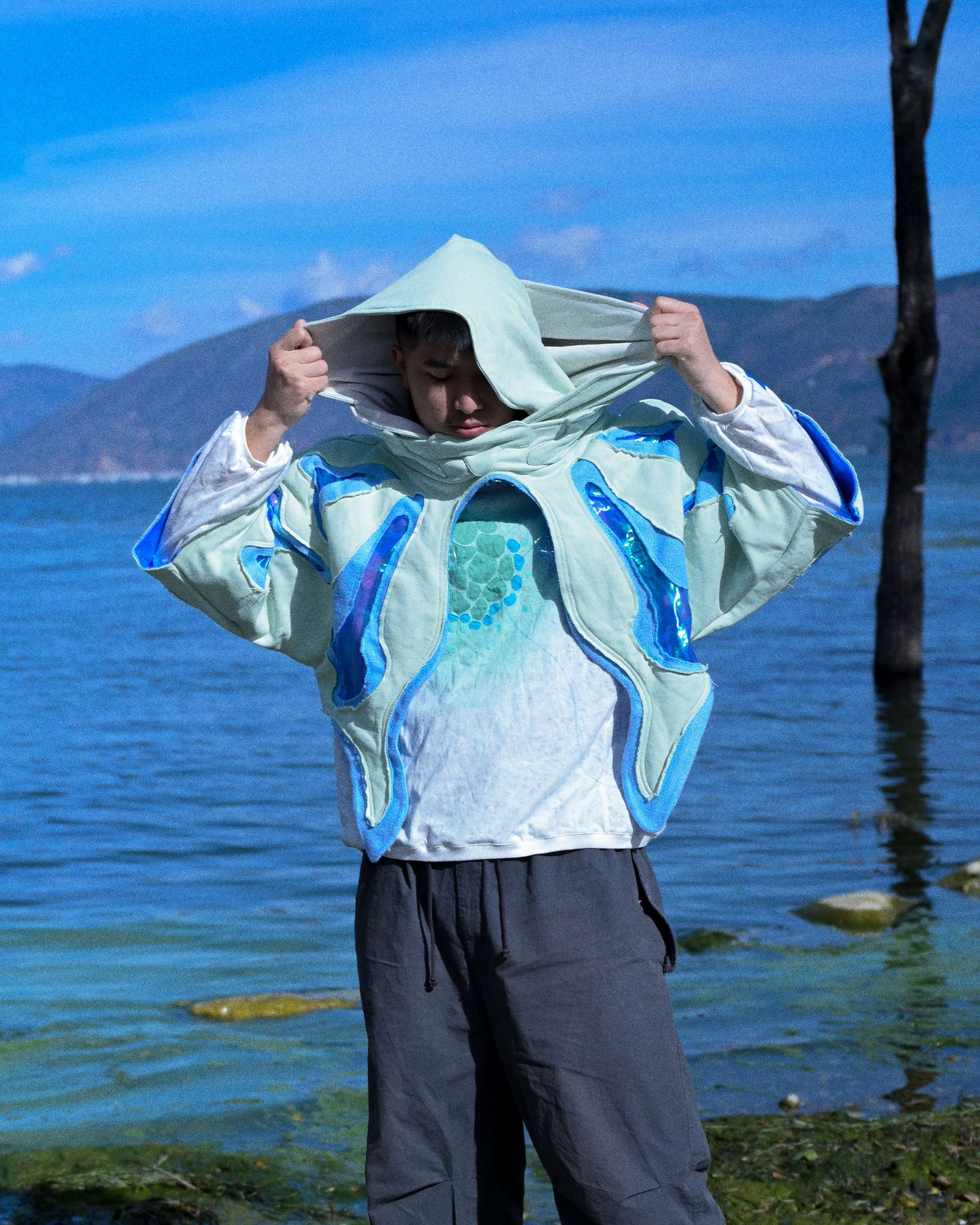 lucid coral aqua sci-fi clothing hoodie, two hoods