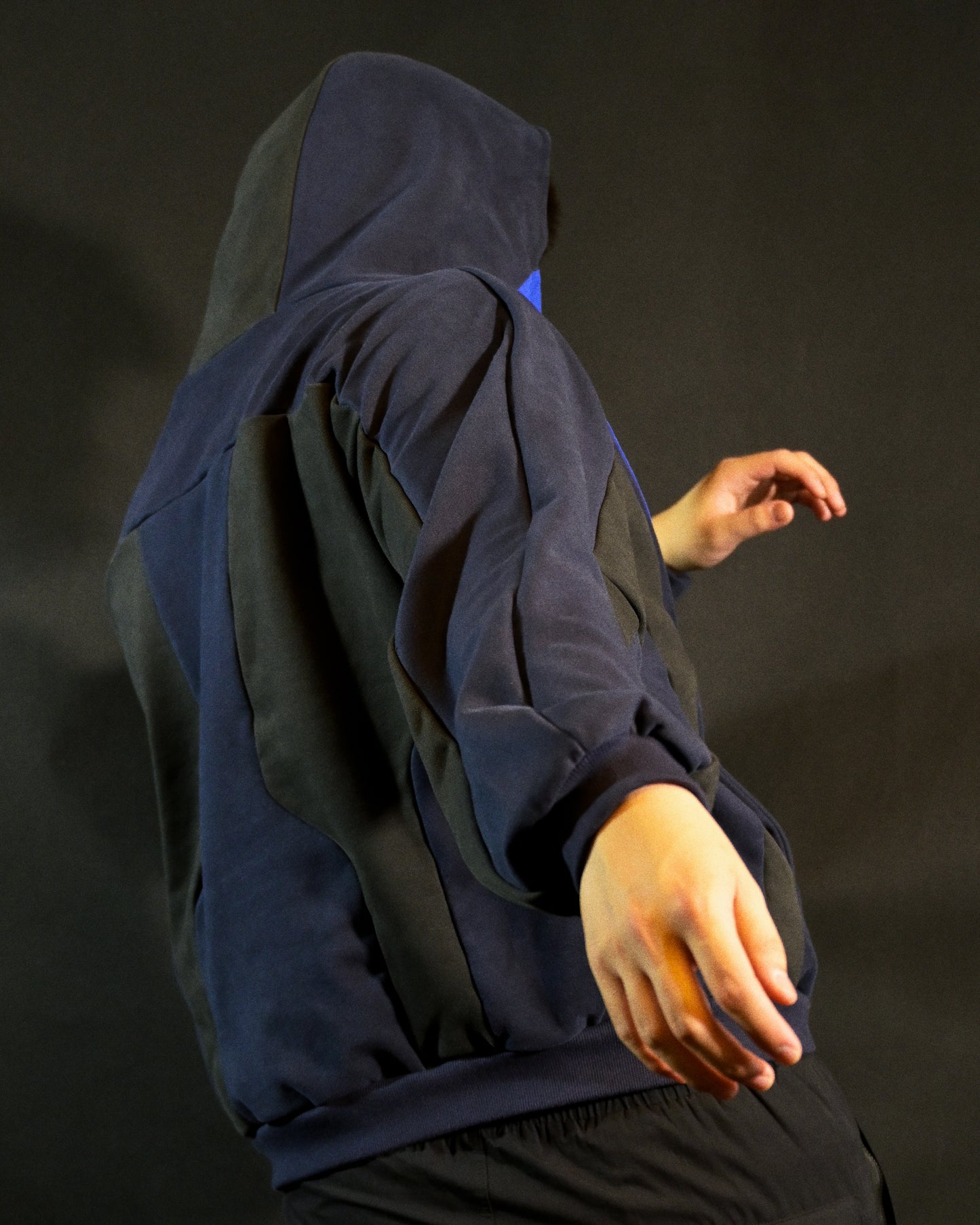 navy android robotic ski hoodie, back model view