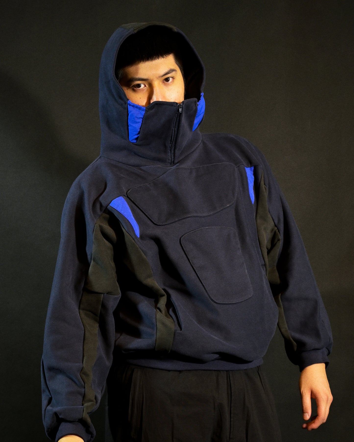 navy android robotic ski hoodie, front model view