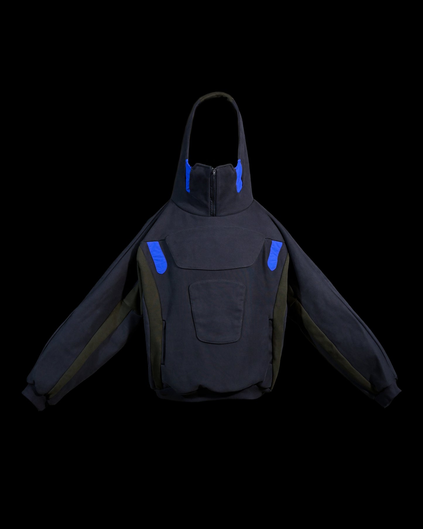 navy android robotic ski hoodie, front view