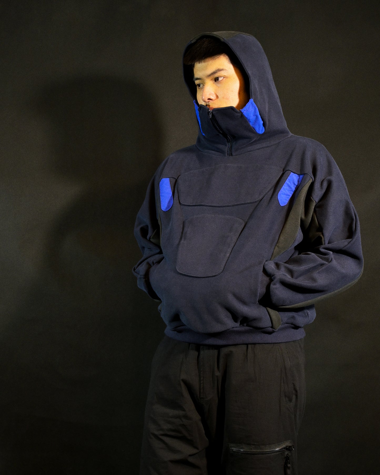 navy android robotic ski hoodie, model view