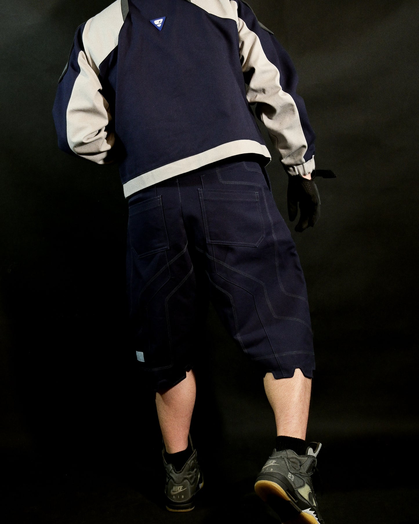 navy cotton canvas techwear cybernetic archive fashion shorts, back model