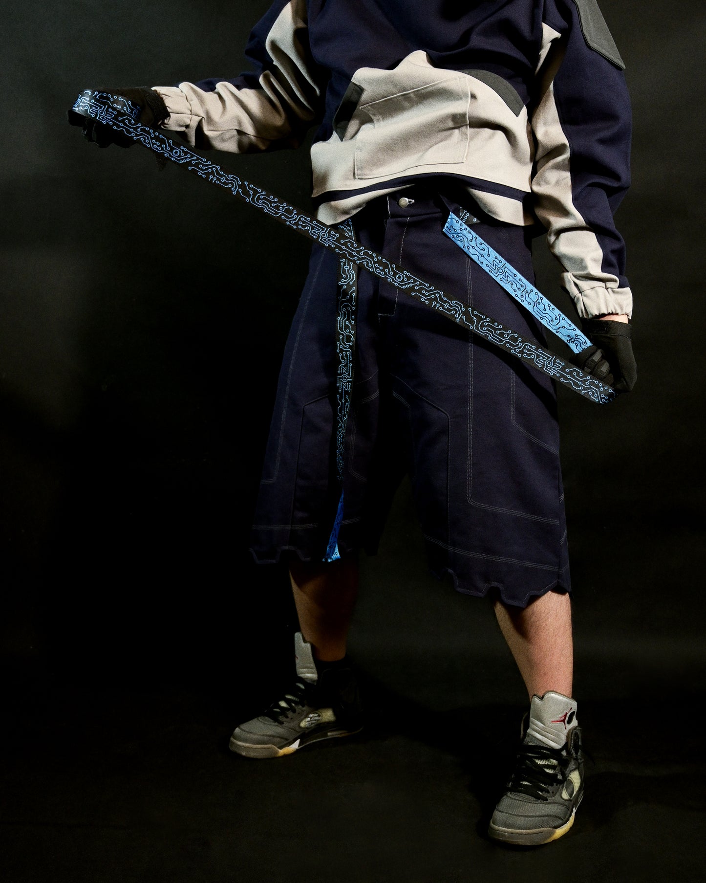 navy cotton canvas techwear cybernetic archive fashion shorts, front model