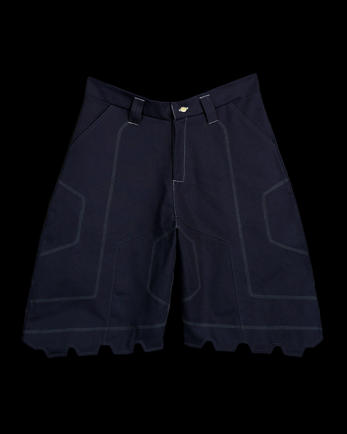 navy cotton canvas techwear cybernetic archive fashion shorts, front view