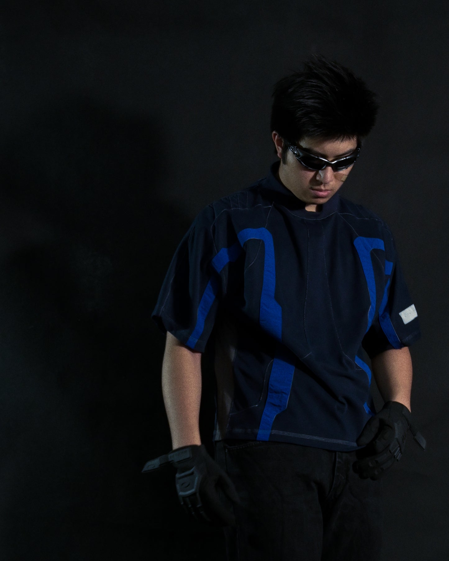 navy sci-fi archive clothing streetwear tee, front model view