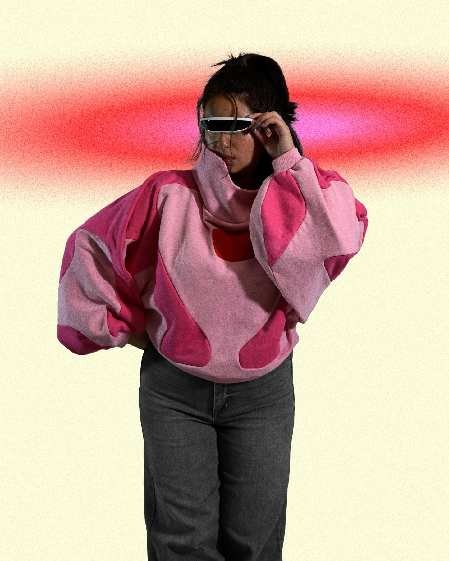 pink artificial love cyberpunk cropped women's sweater, model front view