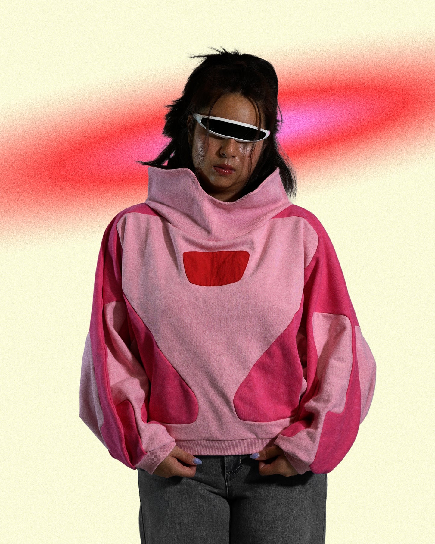 pink artificial love cyberpunk cropped women's sweater, front model