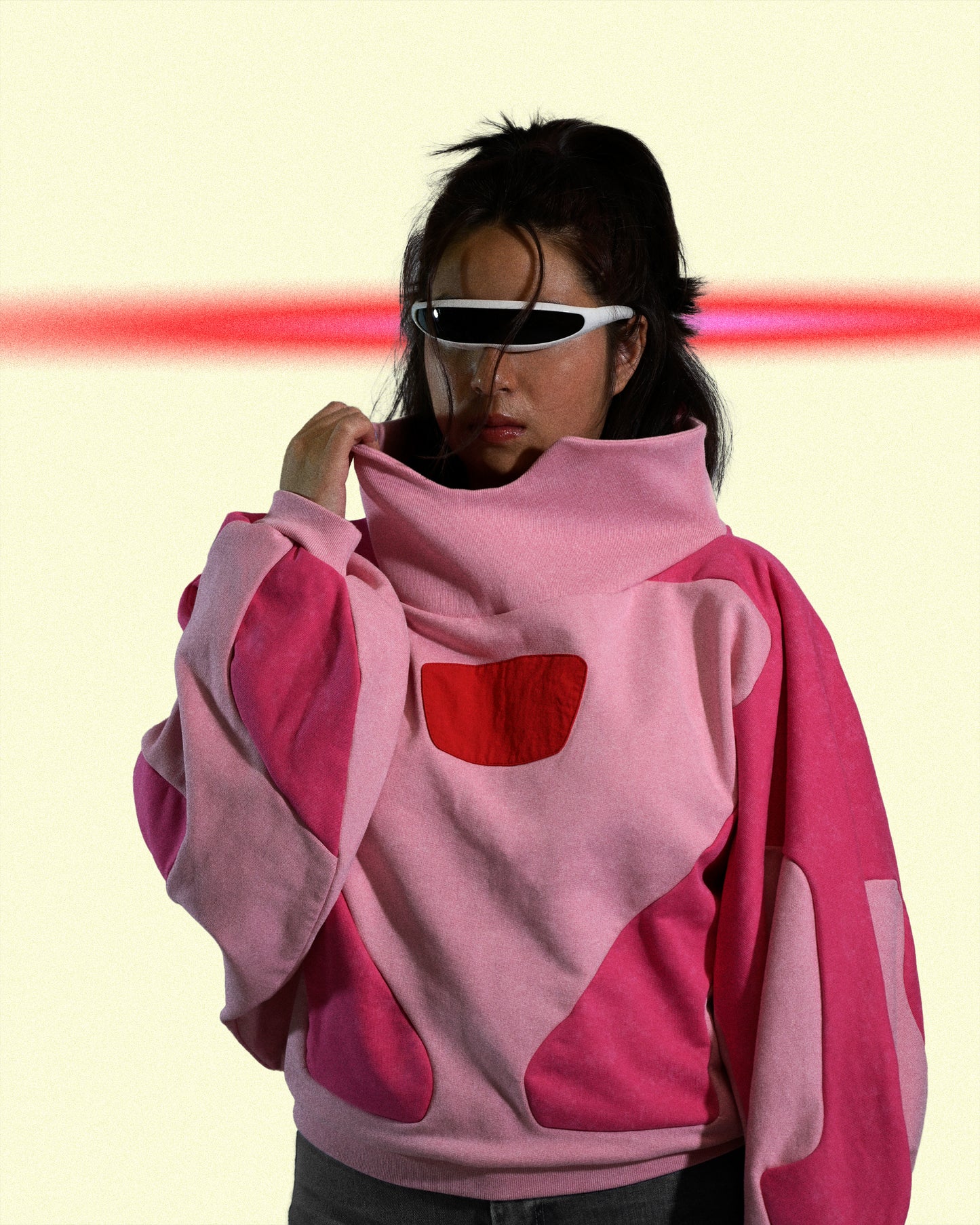pink artificial love cyberpunk cropped women's sweater, model view