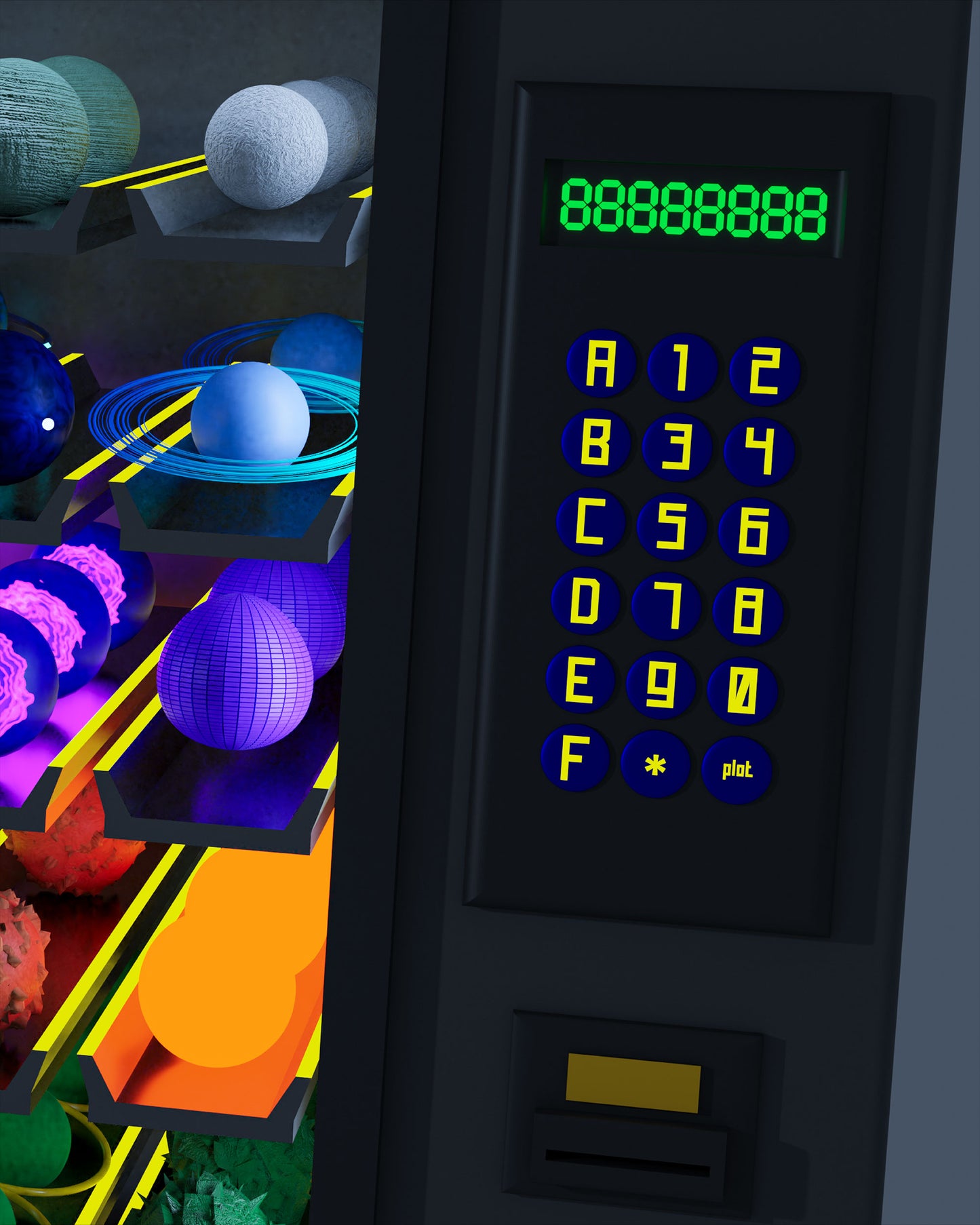 planet vending machine art piece 3D printed backpack, 3D rendering right