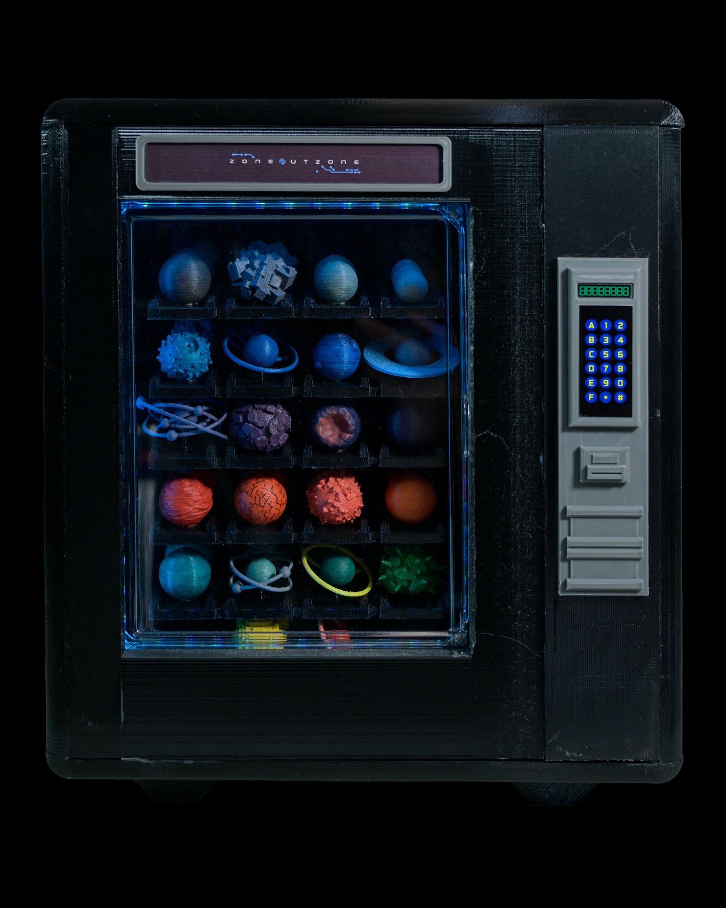 planet vending machine art piece 3D printed backpack, front view