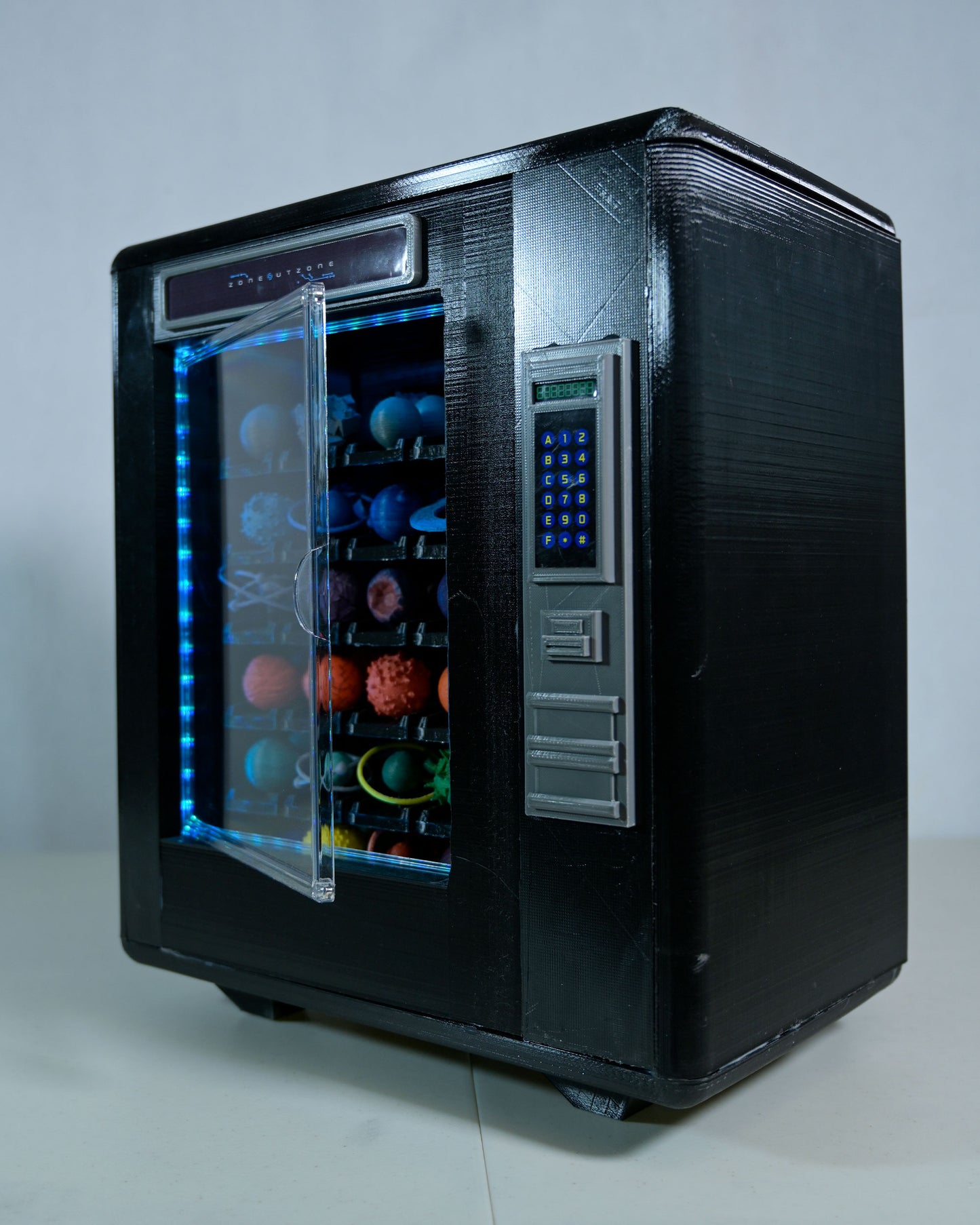 planet vending machine art piece 3D printed backpack, side view