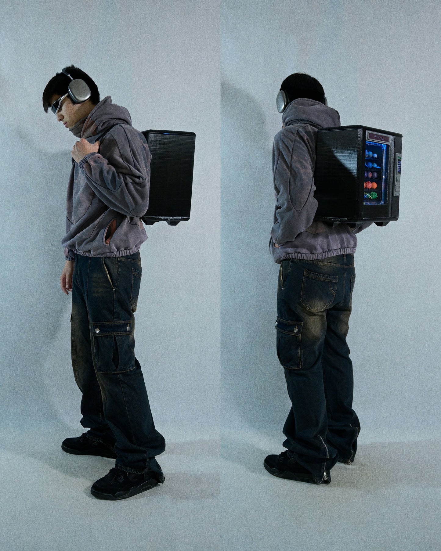 planet vending machine art piece 3D printed backpack, two model view