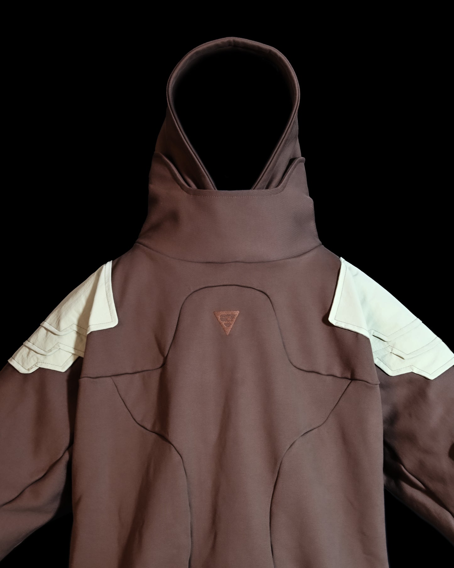 sage brown armor robotic mech hoodie, front close up view