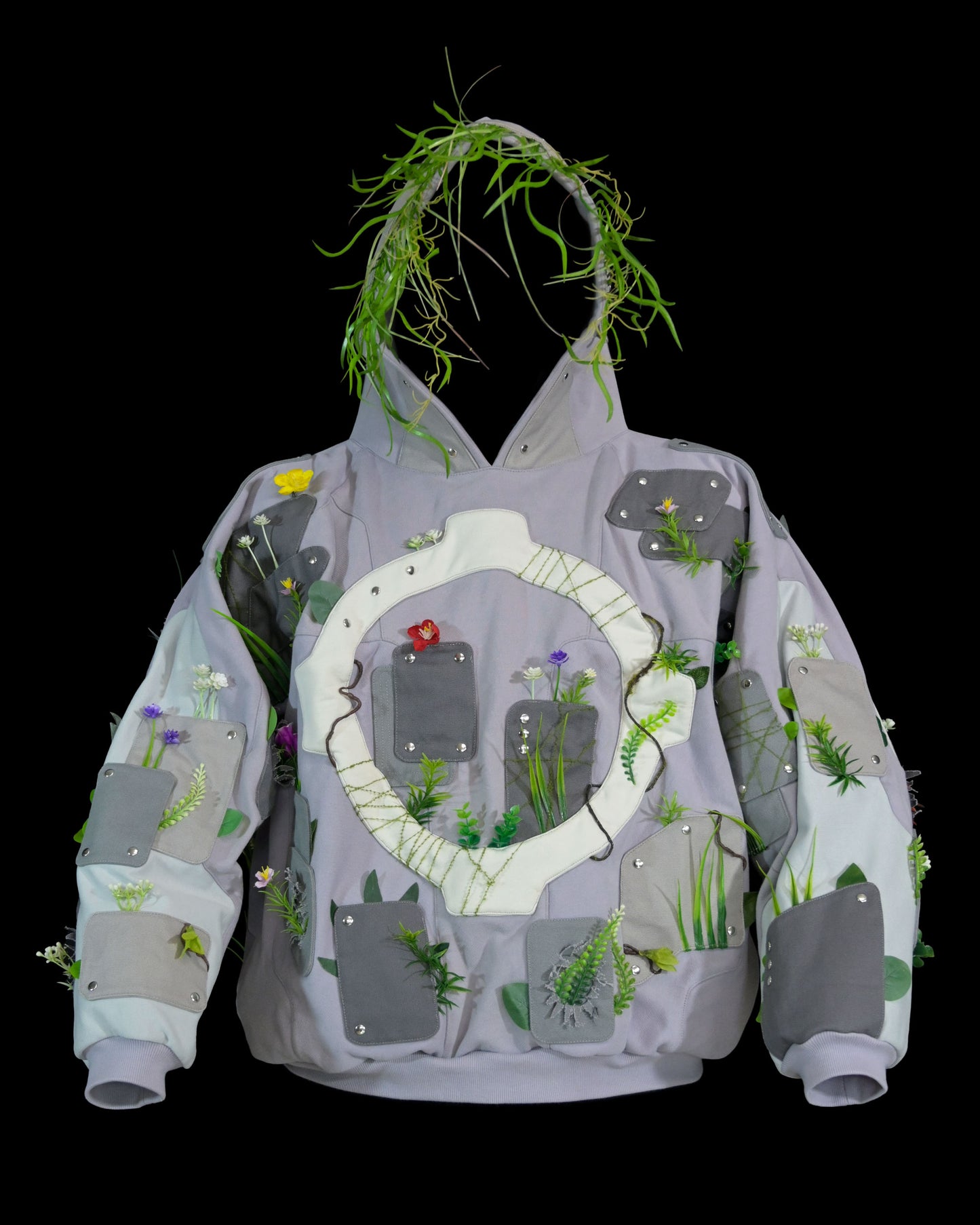 sci-fi archive fashion brutalist nature flowers hoodie, front view