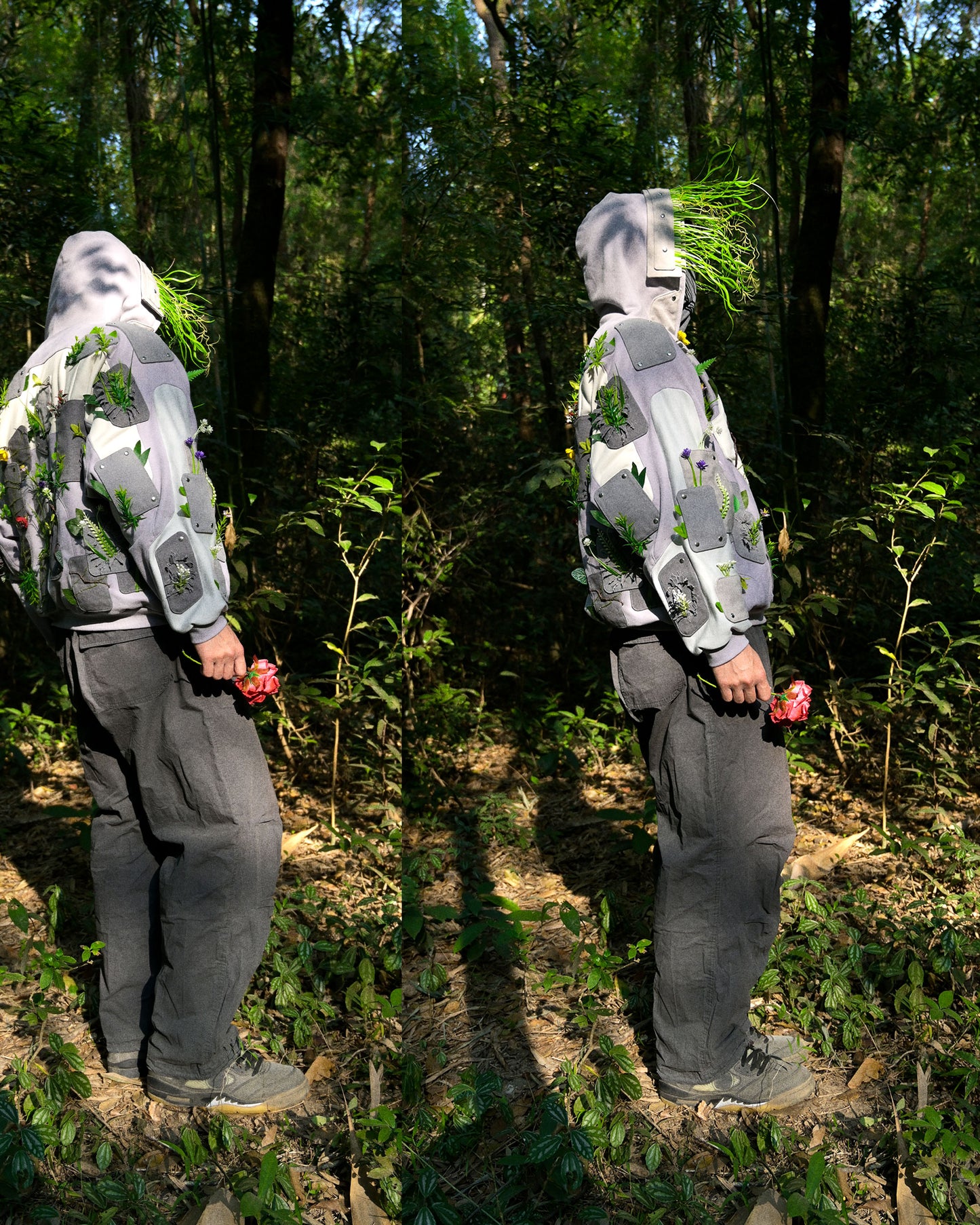 sci-fi archive fashion brutalist nature flowers hoodie, two model views
