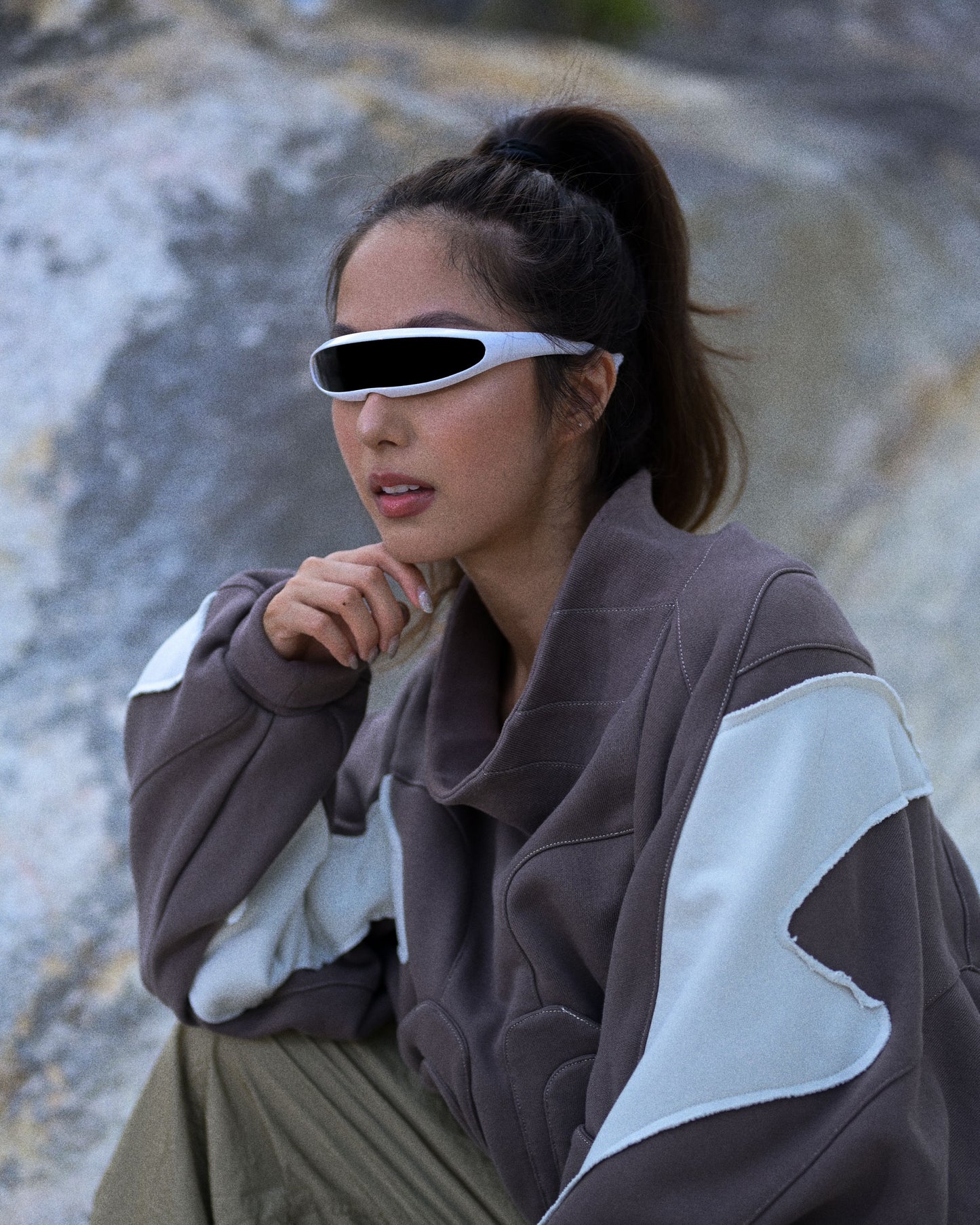 sci-fi women's mocha cropped sweater, front face model view
