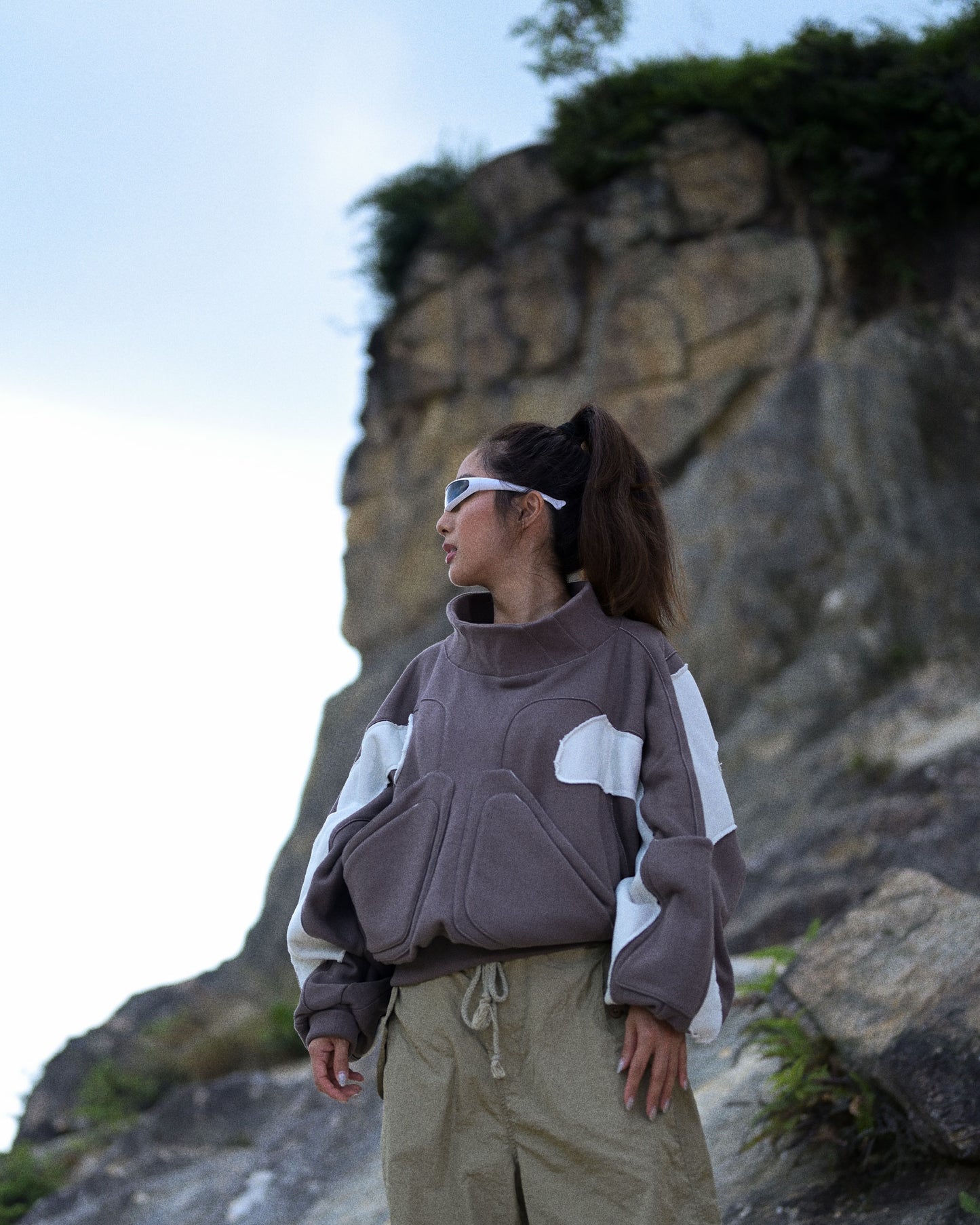 sci-fi women's mocha cropped sweater, side profile model view