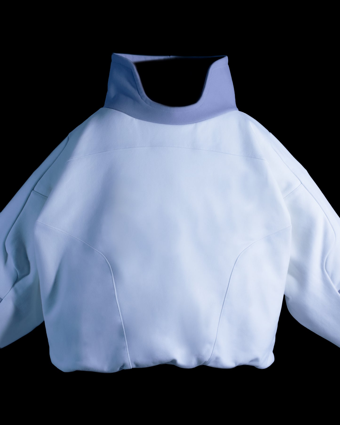 White space astronaut futuristic sweater, front close up view