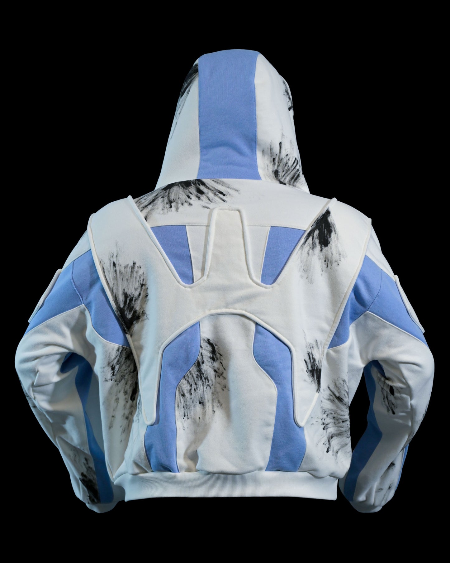 white futuristic cyber core ski jacket, back view