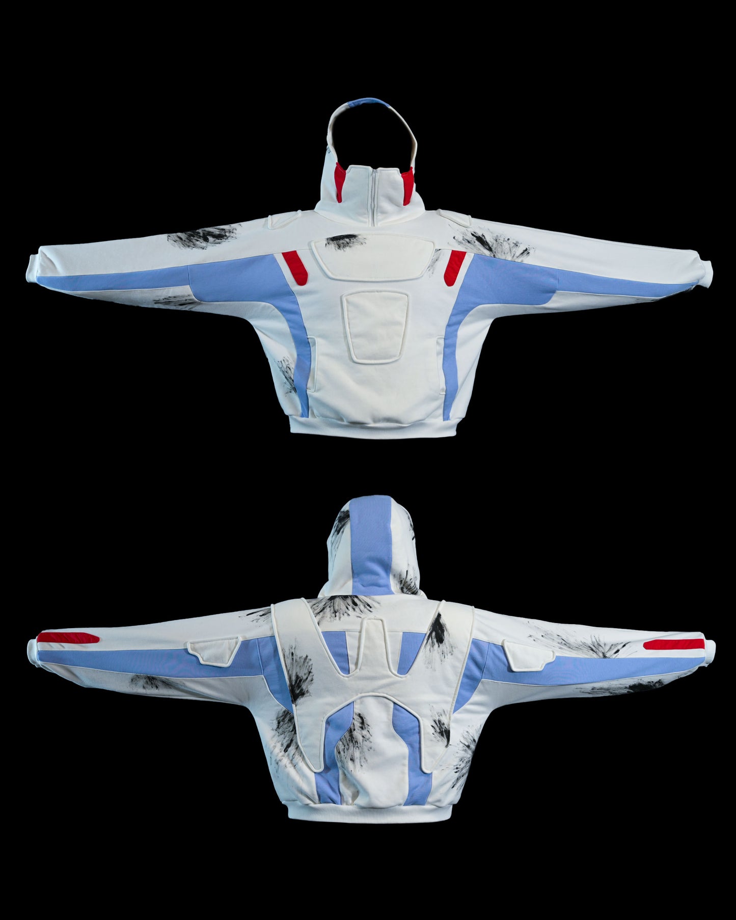 white futuristic cyber core ski jacket, front and back view