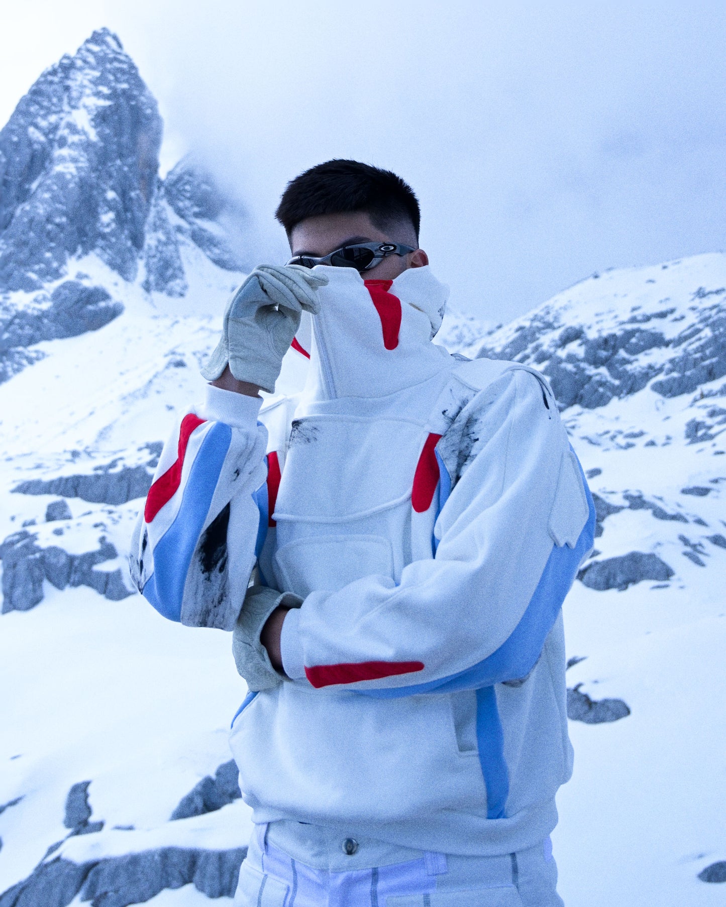 white futuristic cyber core ski jacket, front model view