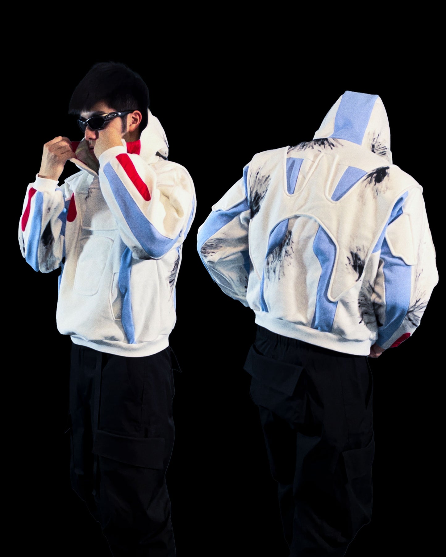 white futuristic cyber core ski jacket, two models view