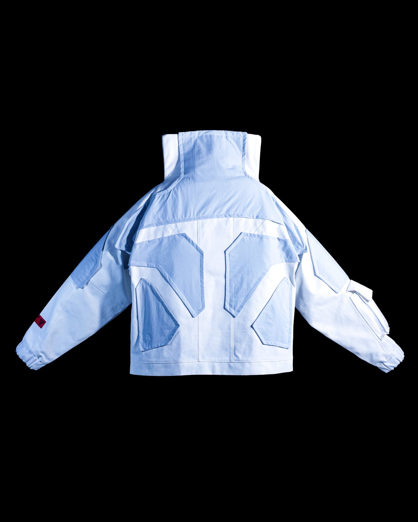 white ski ice planet sci-fi futuristic cyberpunk jacket, back view