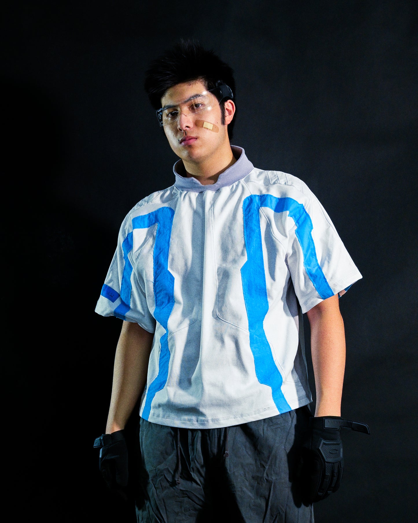 white spacepunk spaceship futuristic tee, front model view