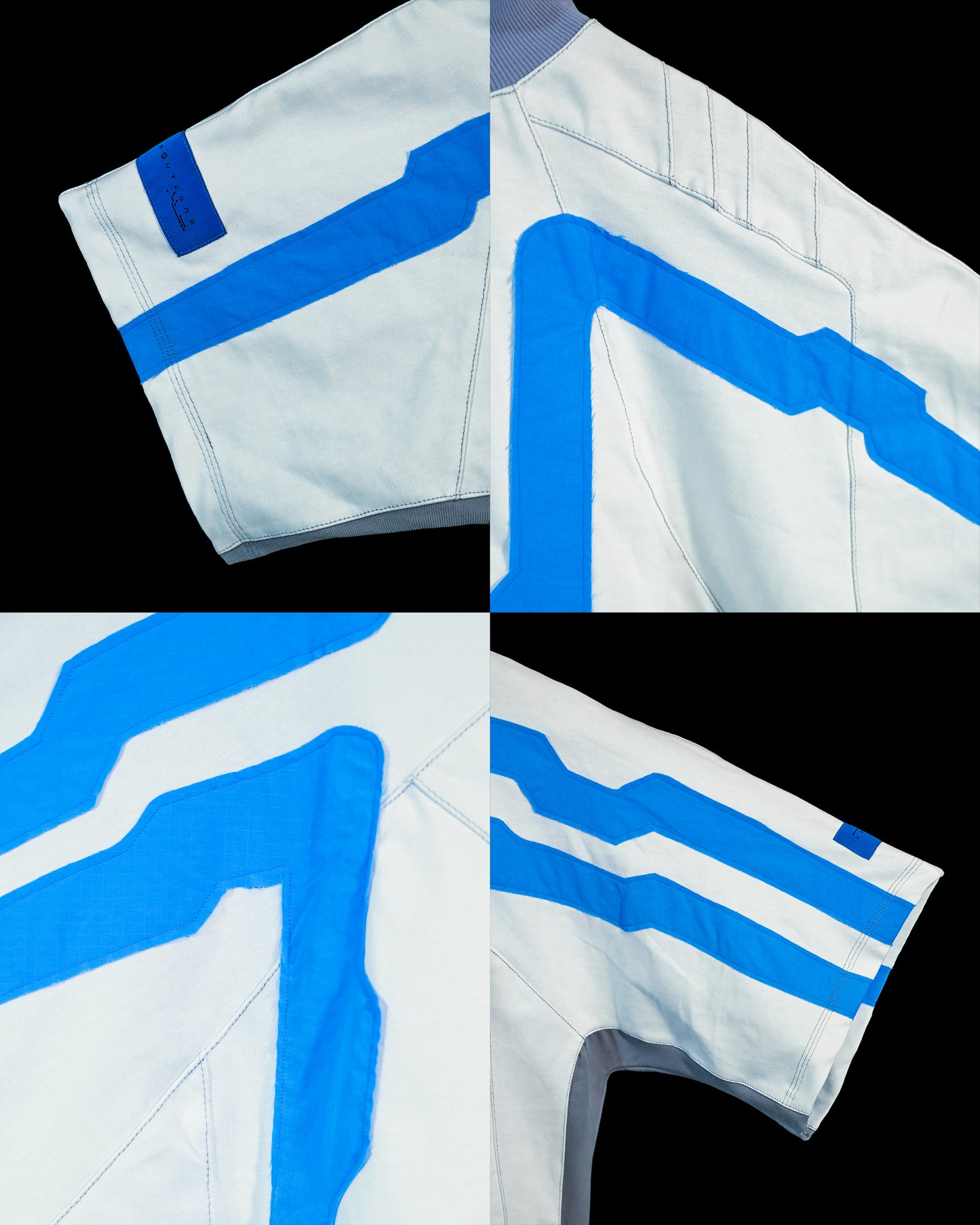 white spacepunk spaceship futuristic tee, stitching view