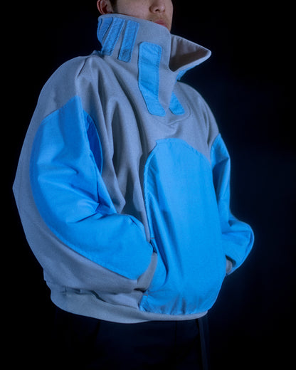 Grey spacepunk archive fashion sweater, front model view