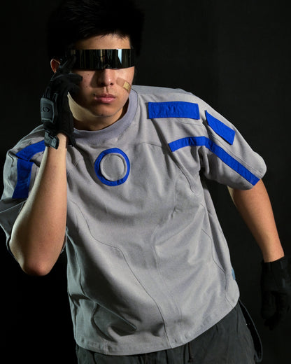 Grey grid cybercore cyberpunk underground fashion tee, front model view