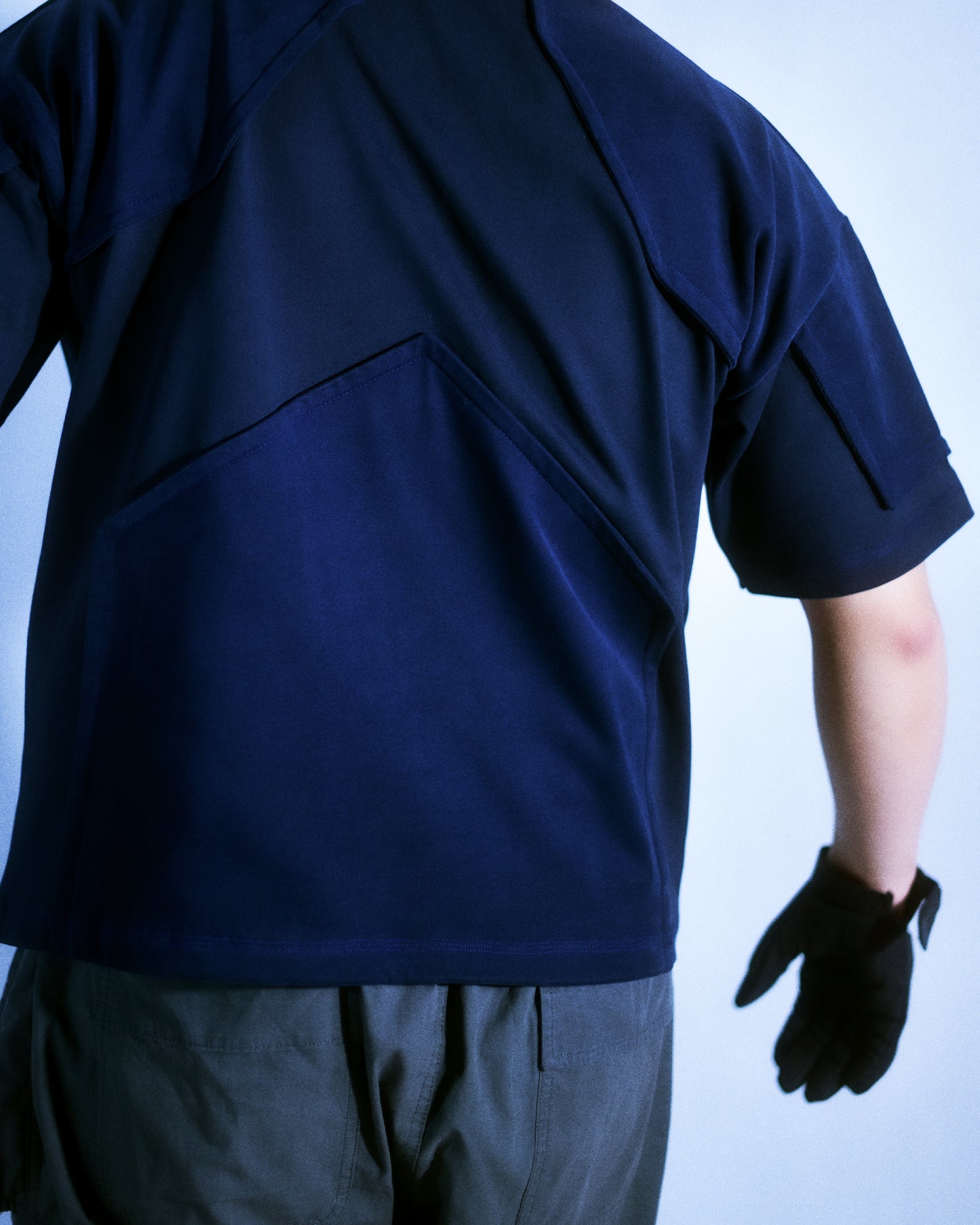 Navy heavyweight cotton industrial workwear tee, back model view