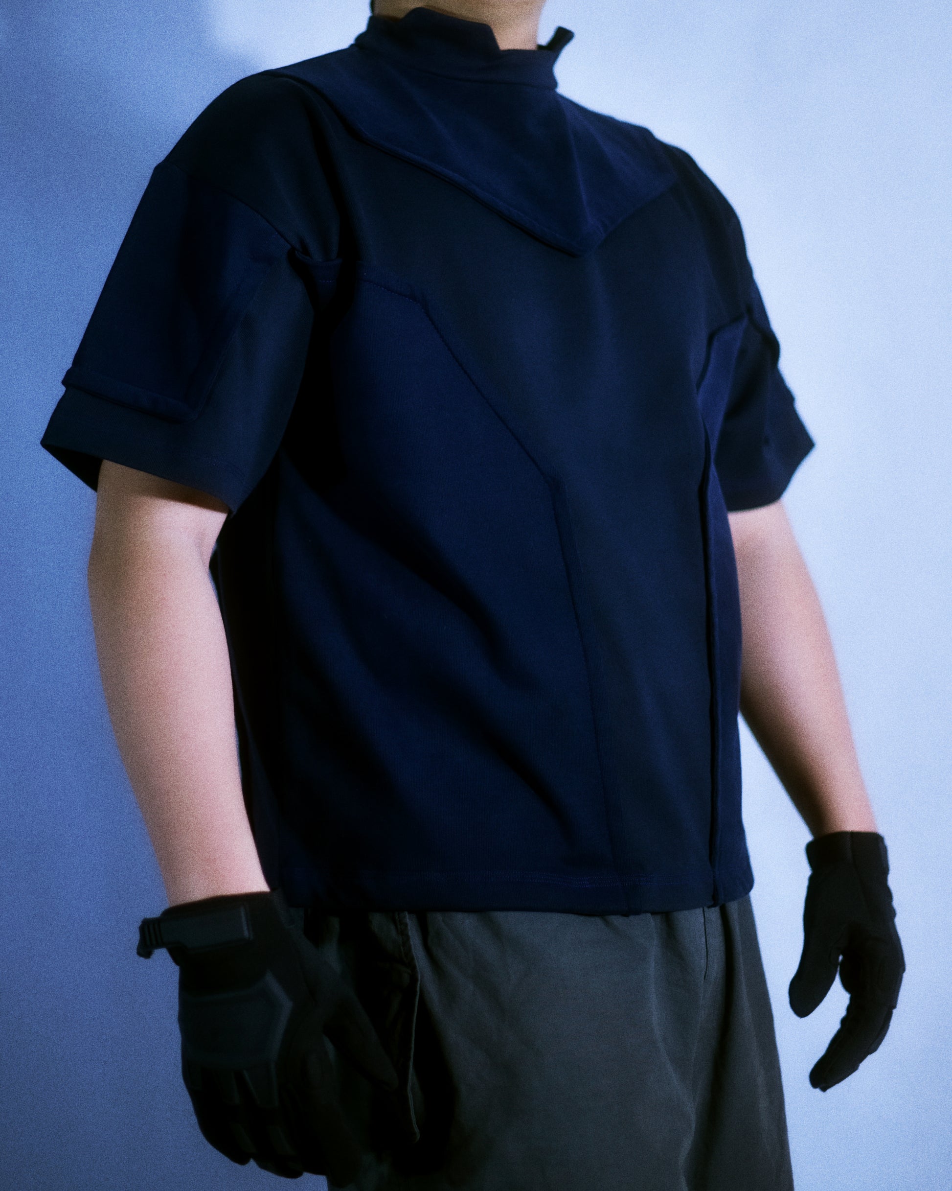 Navy heavyweight cotton industrial workwear tee, front model view