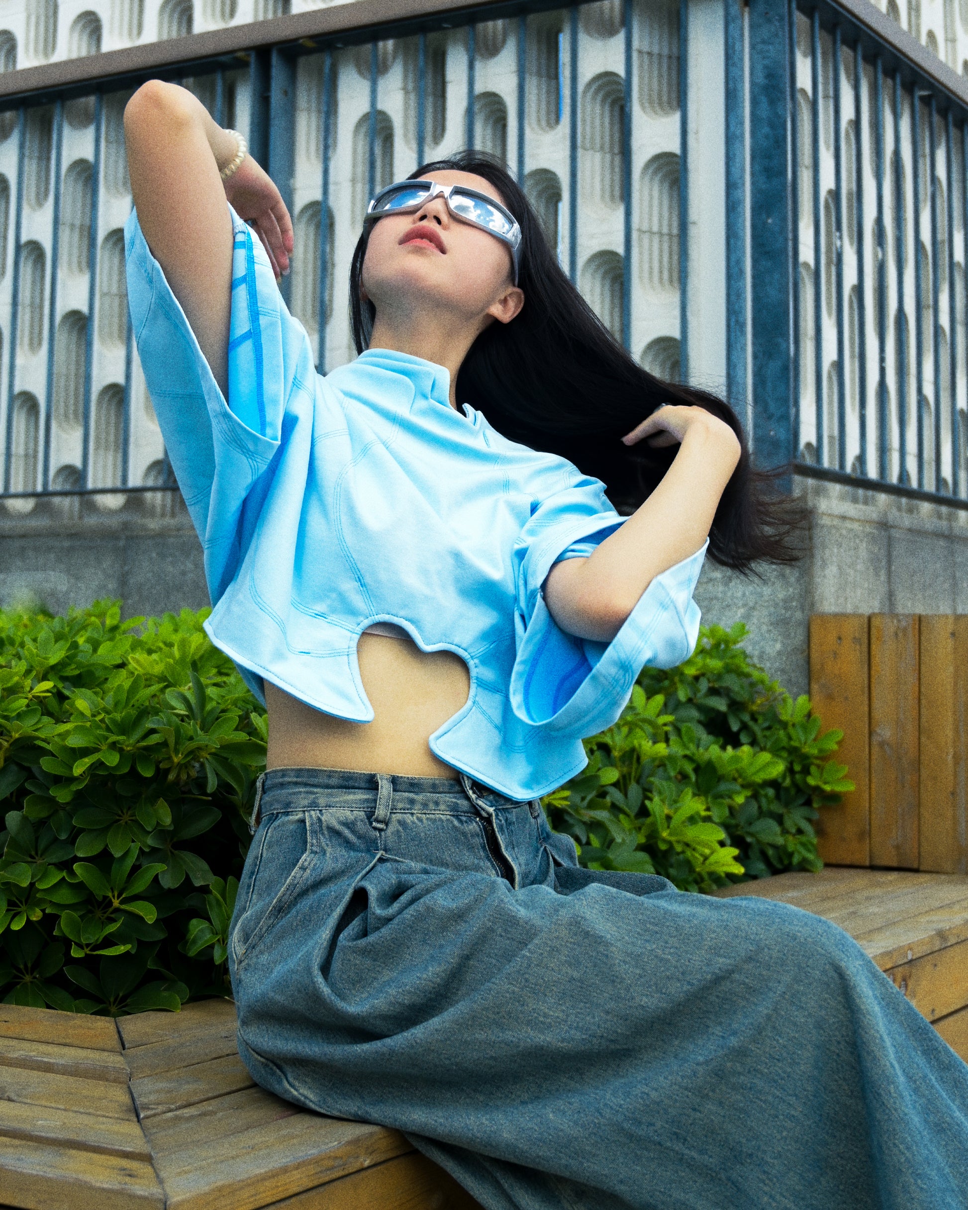 aquamarine sci-fi off world womens fashion cropped tee, model view