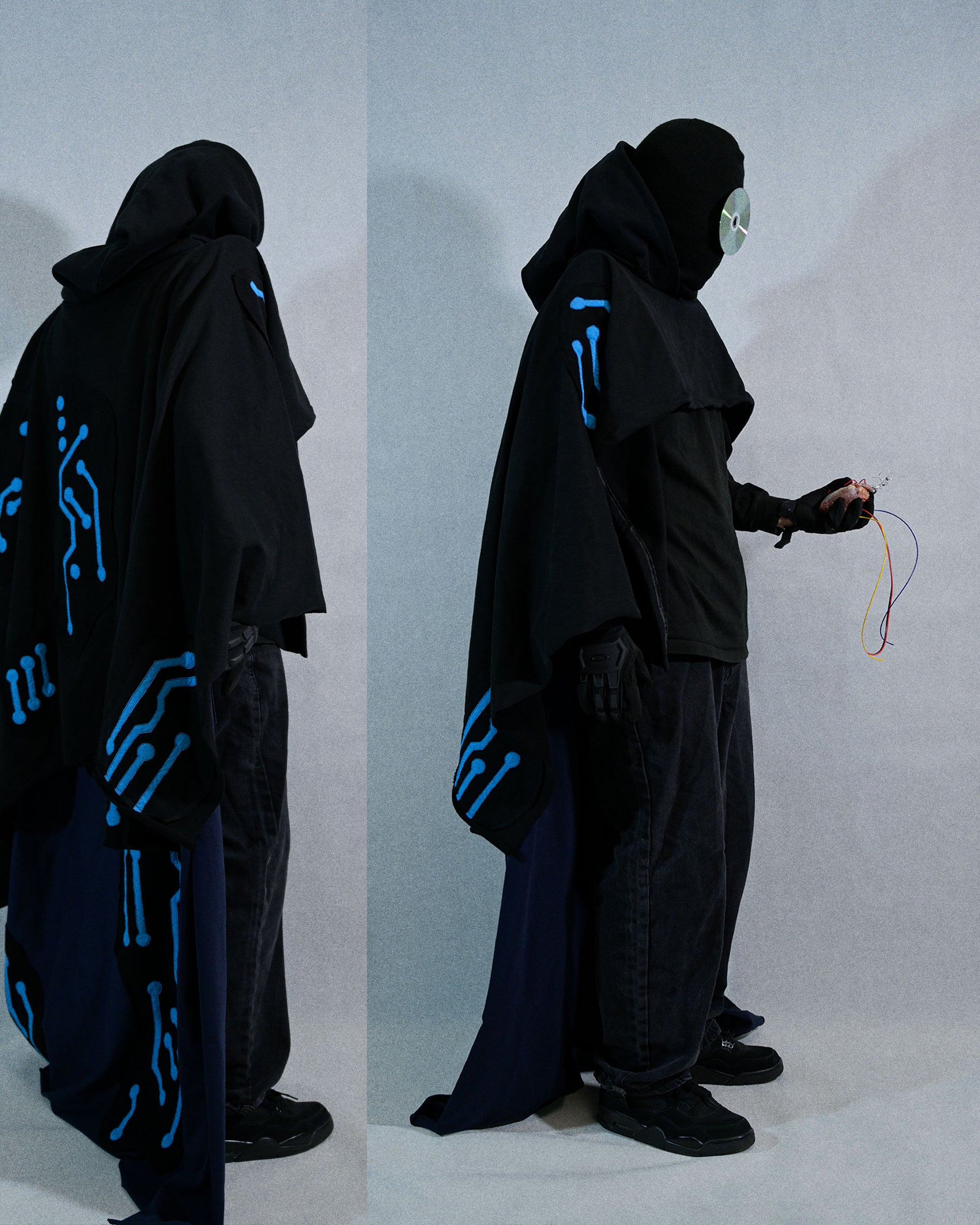 archive fashion science fiction cape cloak, two models view