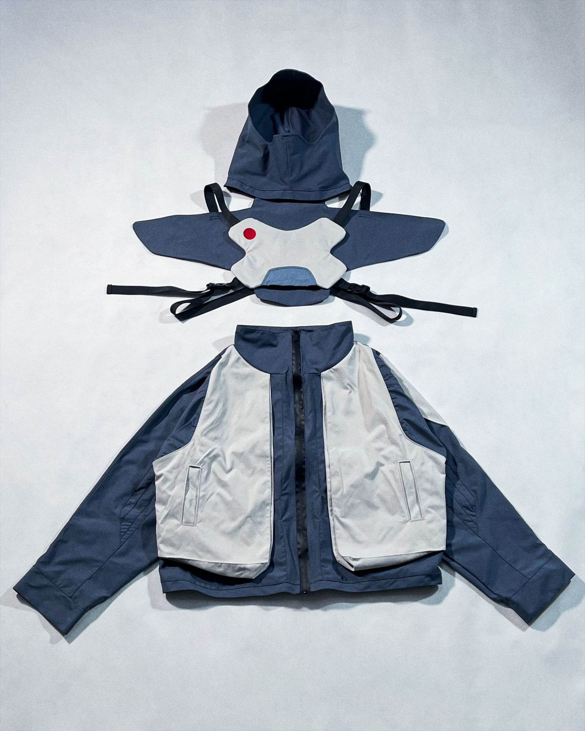 astro space tech wear cyberpunk jacket, flat lay view