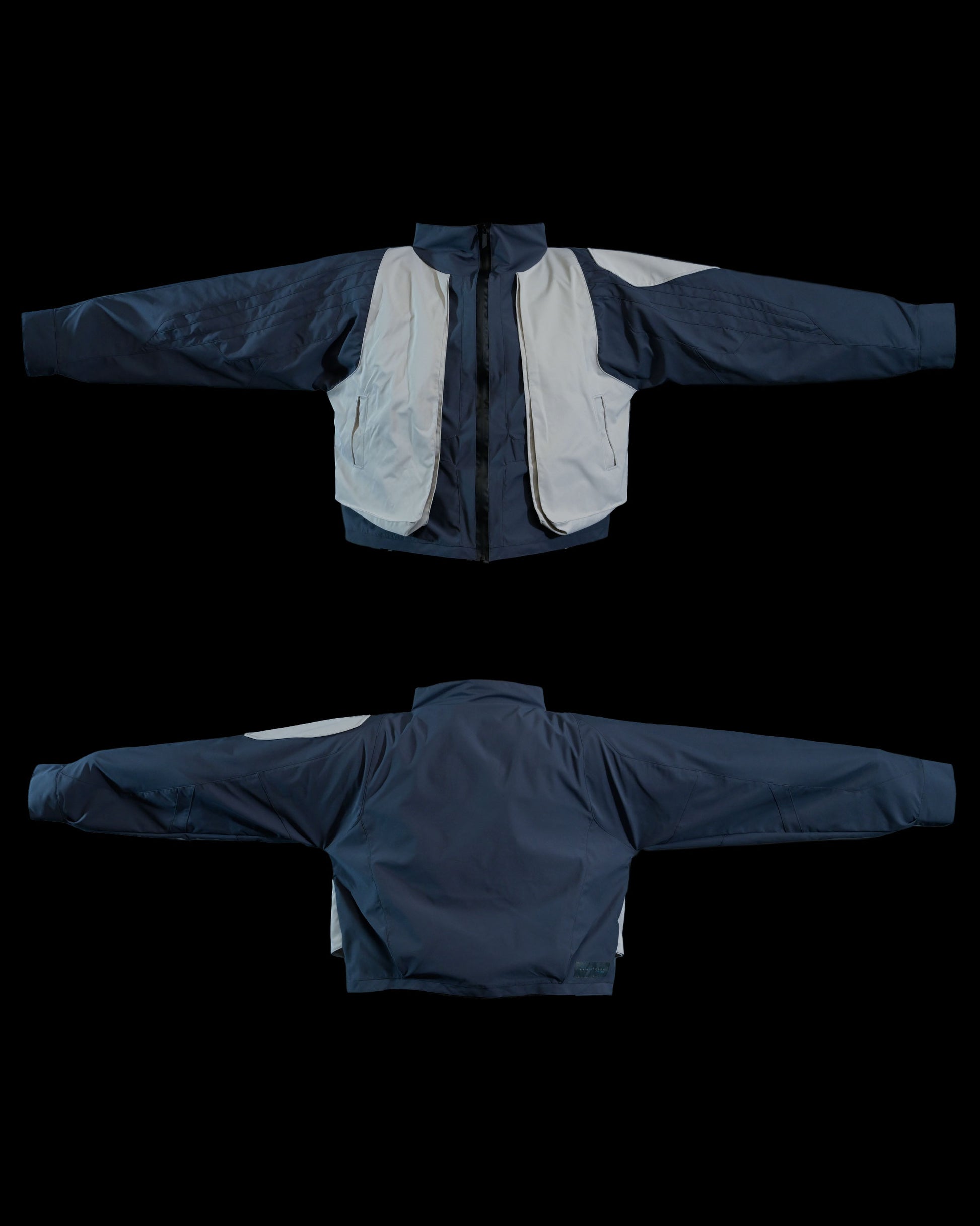 astro space tech wear cyberpunk jacket, front and back view