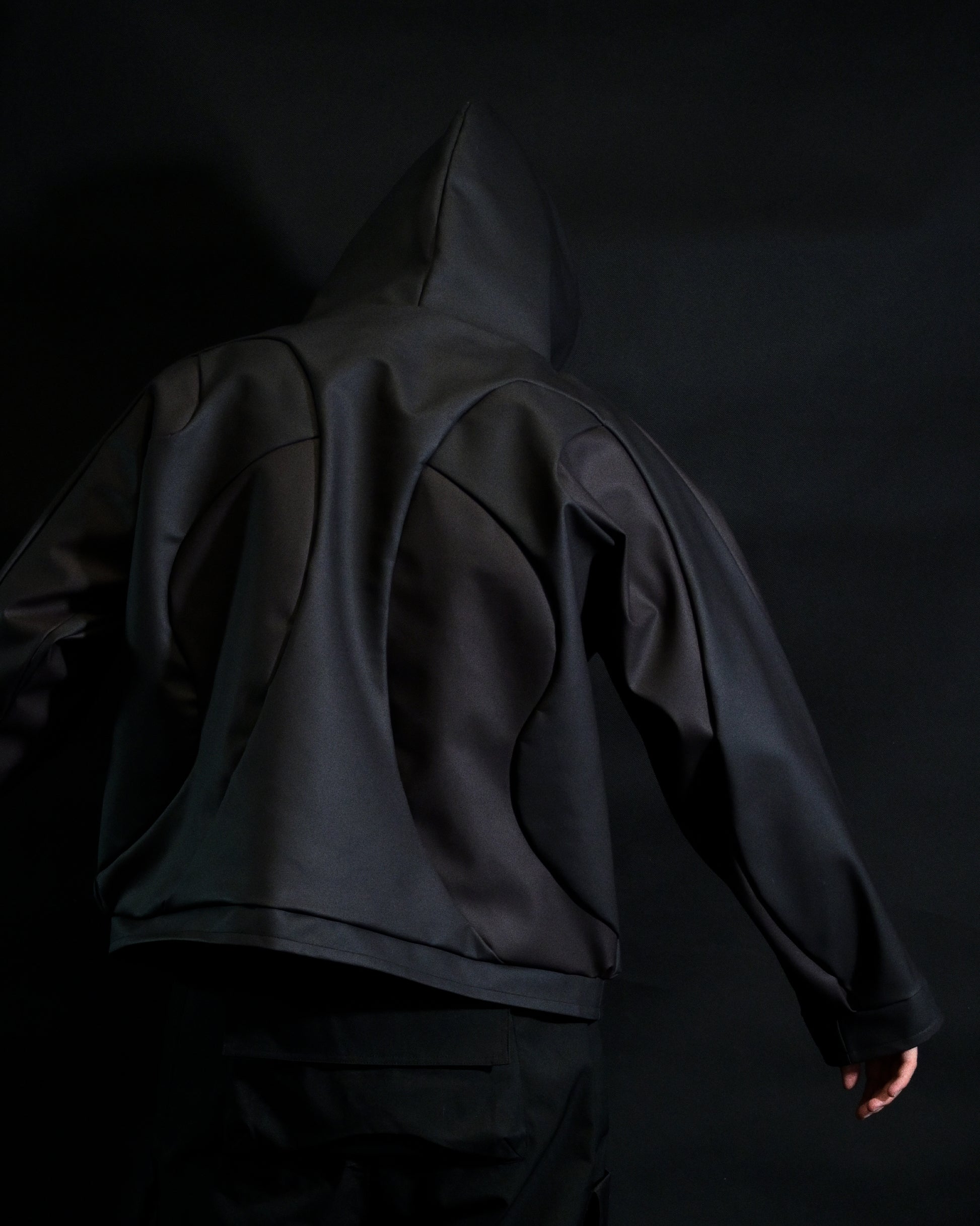 black archive fashion heat reactive leather hoodie, back model view