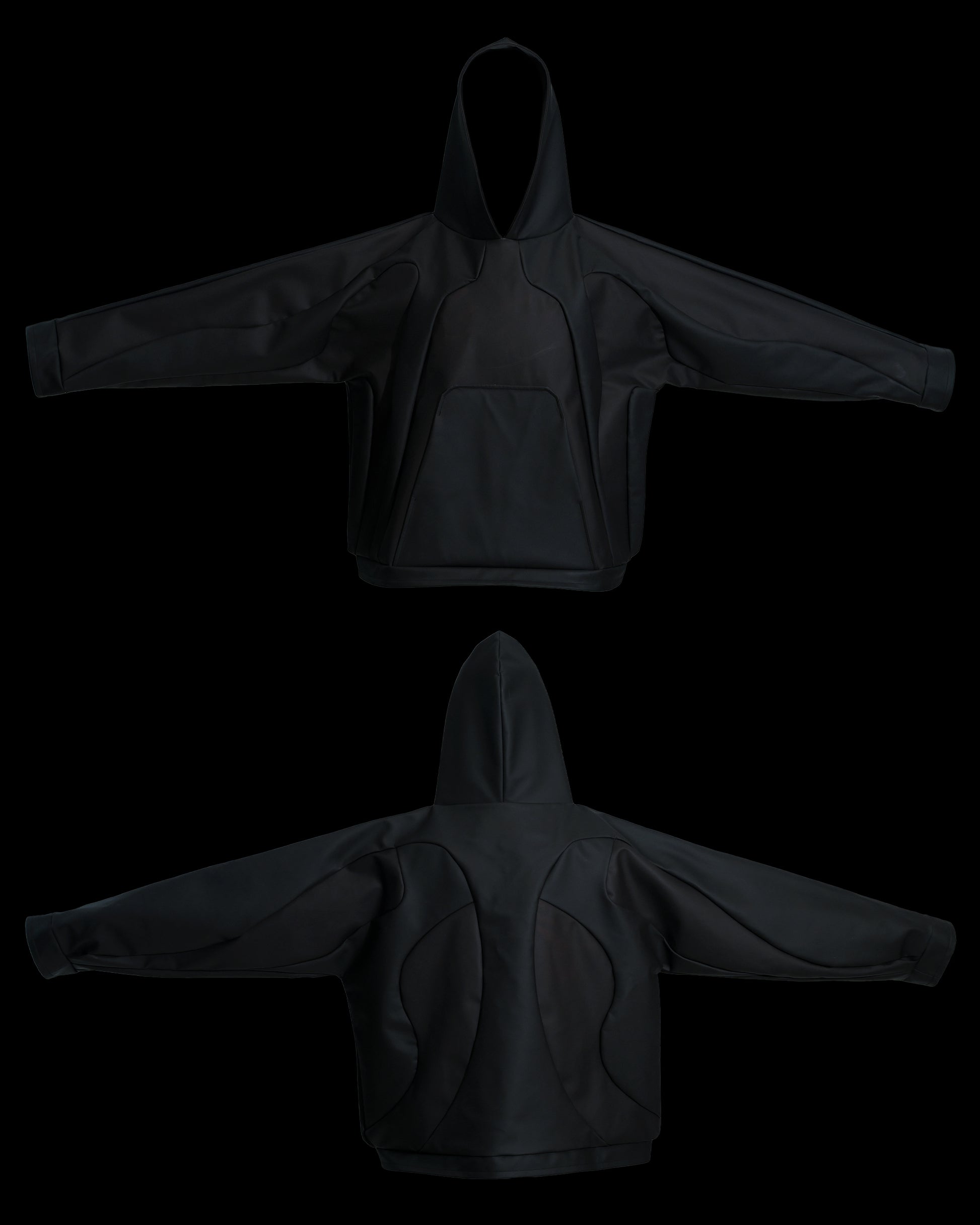 black archive fashion heat reactive leather hoodie, front and back view