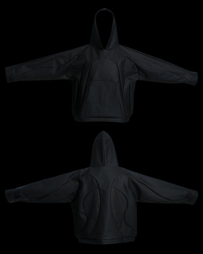 black archive fashion heat reactive leather hoodie, front and back view