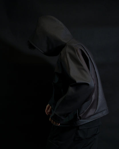 black archive fashion heat reactive leather hoodie, side model view