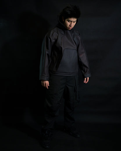 black archive fashion heat reactive leather hoodie, front standing model view
