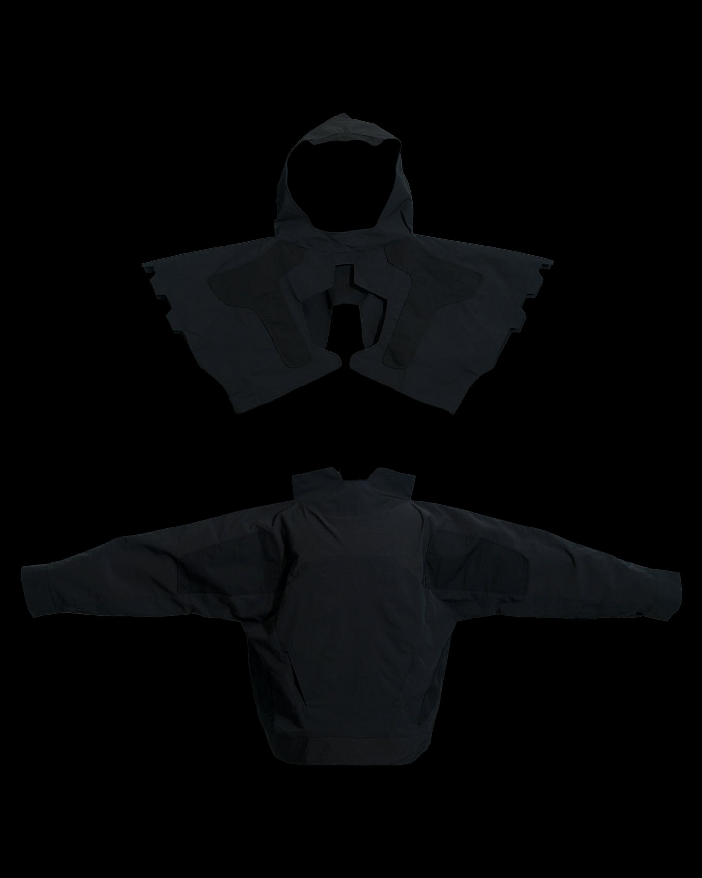 black battle mech robot futuristic jacket, add on view