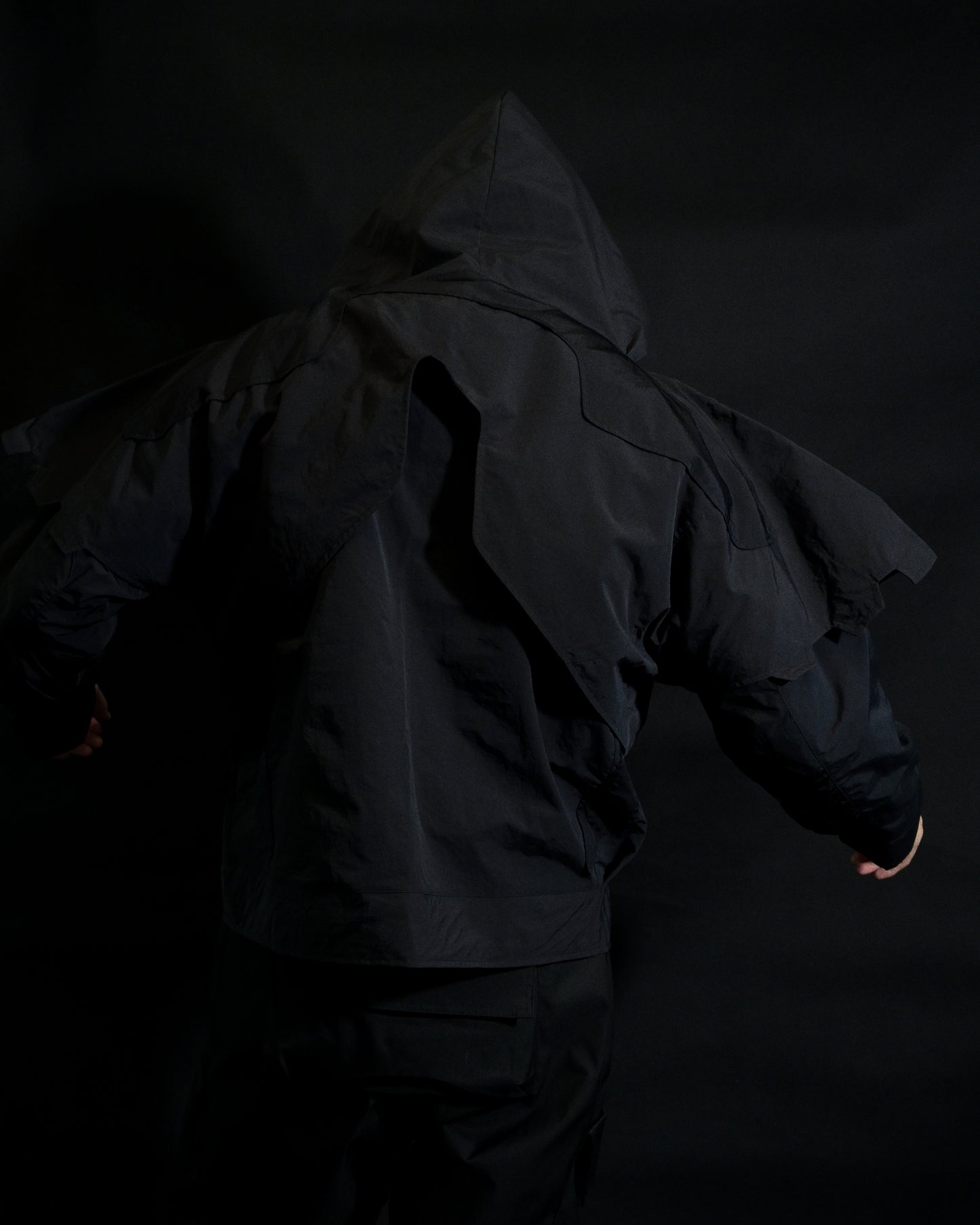 black battle mech robot futuristic jacket, back model view