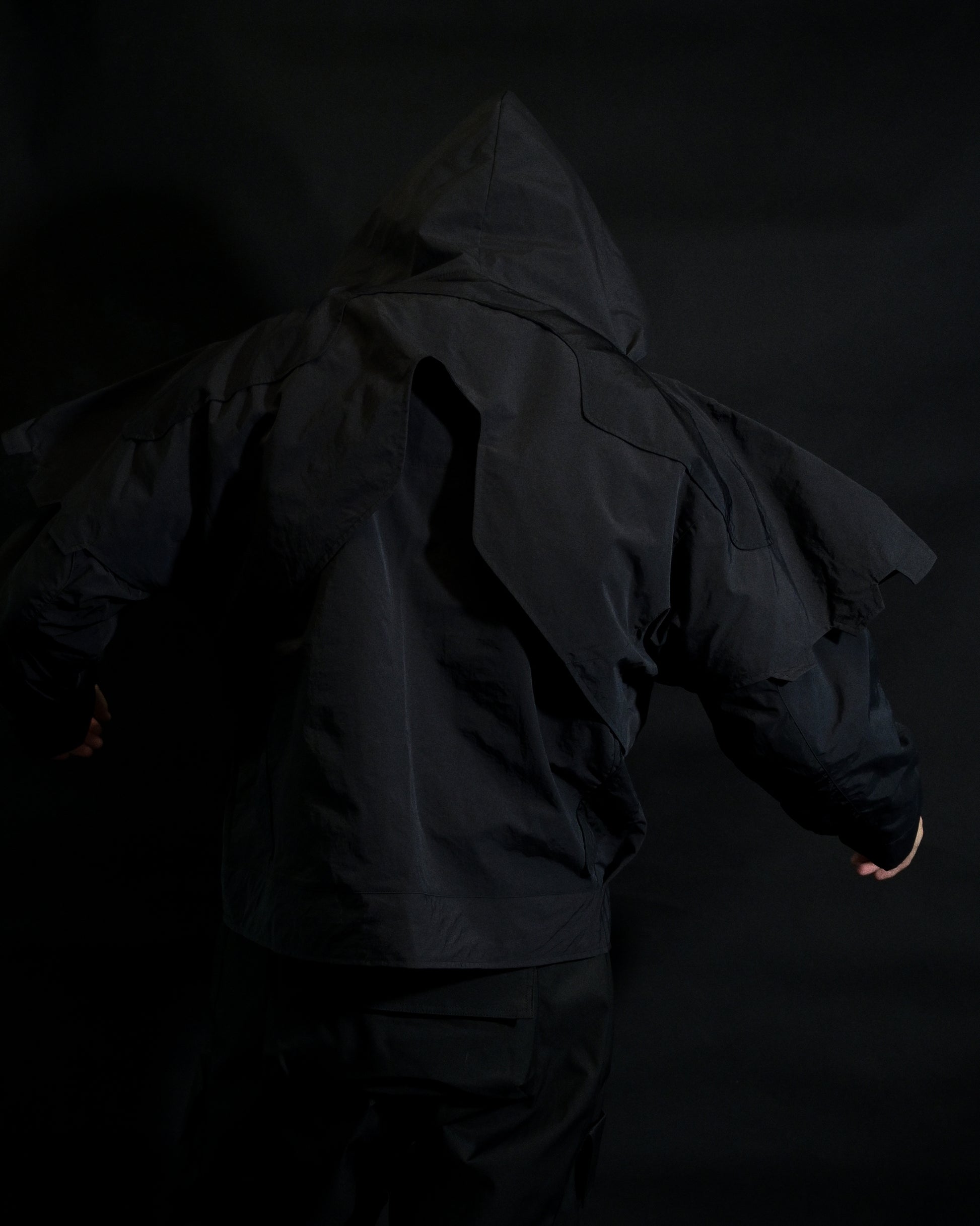 black battle mech robot futuristic jacket, back model view