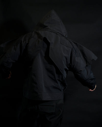 black battle mech robot futuristic jacket, back model view