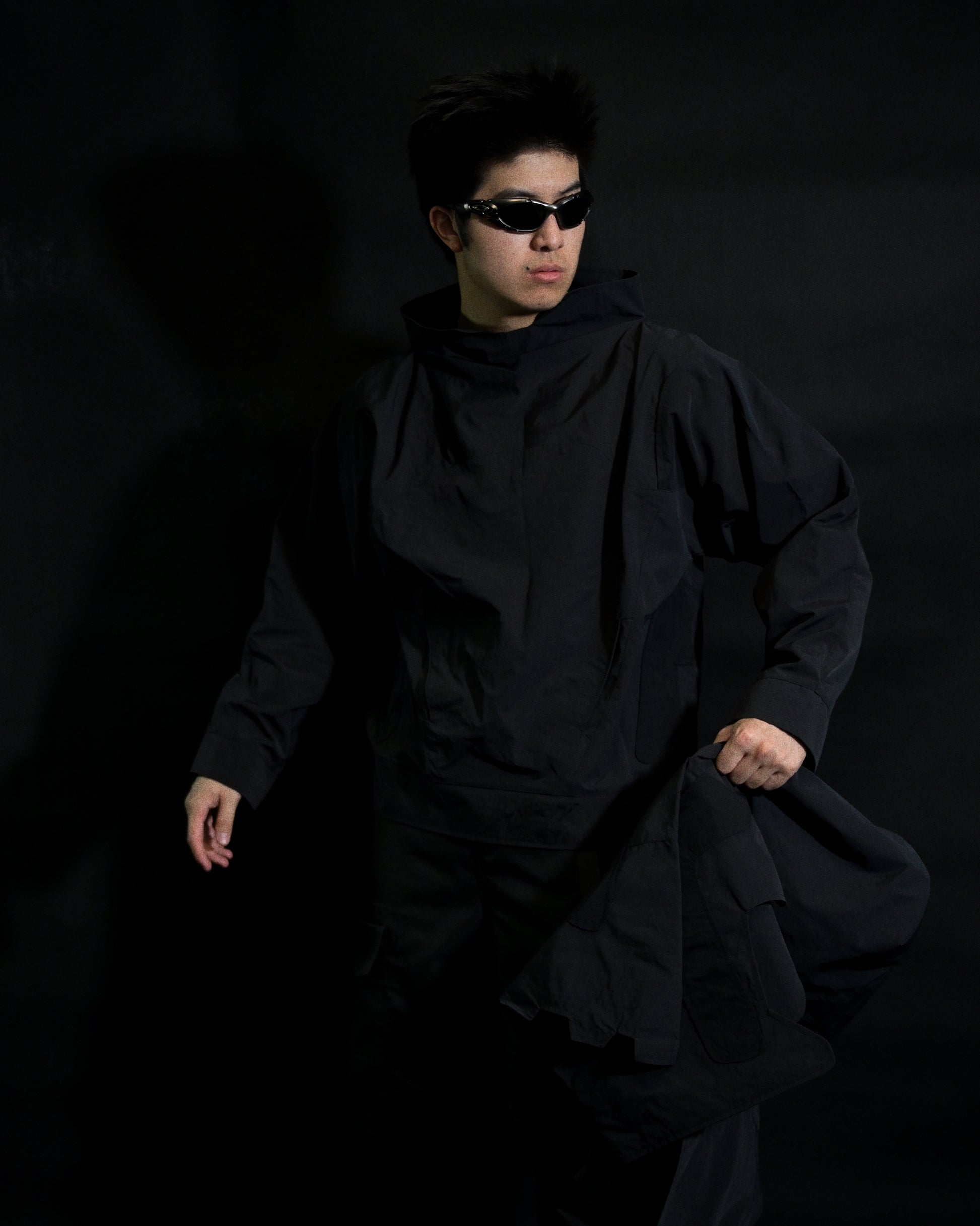black battle mech robot futuristic jacket, standing model view