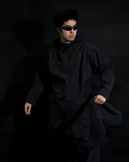 black battle mech robot futuristic jacket, standing model view